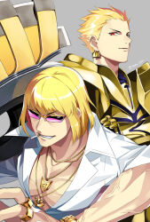 Rule 34 | 2boys, armor, blonde hair, cigarette, collarbone, fate/grand order, fate (series), gilgamesh (fate), gold armor, gold bracelet, gold necklace, gold ring, grey background, grin, jewelry, kaidou j1, male focus, mouth hold, multiple boys, necklace, pectoral cleavage, pectorals, red eyes, sakata kintoki (fate), shirt, short hair, smile, sunglasses, twitter username, veins, veiny arms, white shirt