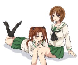 Rule 34 | 10s, 2girls, alpachiiino, arm support, black bow, black legwear, black neckerchief, blouse, bow, brown eyes, brown hair, closed mouth, eating, girls und panzer, green skirt, hair bow, hand on leg, head rest, invisible chair, invisible floor, kadotani anzu, legs up, light frown, long hair, long sleeves, lying, miniskirt, mouth hold, multiple girls, neckerchief, nishizumi miho, no shoes, on stomach, ooarai school uniform, open mouth, parted bangs, pleated skirt, school uniform, serafuku, shadow, shirt, short hair, simple background, sitting, skirt, smile, socks, the pose, twintails, white background, white shirt, yuri