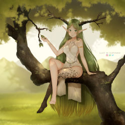 Rule 34 | 1girl, artist name, bare arms, bare legs, bare shoulders, blurry, blurry background, breasts, character request, cleavage, commission, day, deviantart logo, dress, fate/grand order, fate (series), green hair, highres, instagram logo, large breasts, long hair, looking at viewer, mountain, nail polish, outdoors, parted bangs, pointy ears, puppypaww, red nails, sitting, solo, tagme, tree, twitter logo, white dress