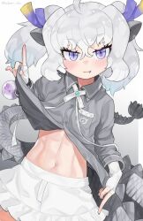Rule 34 | 1girl, abs, blush, closed mouth, fang, fang out, fingerless gloves, gloves, highres, kedama (ughugjydthjdf), kemono friends, navel, purple eyes, short hair, short twintails, skirt, slit pupils, solo, stomach, twintails, white dragon (kemono friends), white gloves, white hair, white skirt
