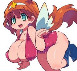 Rule 34 | 1girl, ass, blush, breasts, brown hair, cleavage, green eyes, headband, highres, huge breasts, open mouth, solo, wings, zankuro