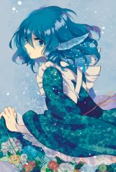 Rule 34 | 1girl, animal ears, bad id, bad twitter id, blue eyes, blue hair, drill hair, fins, head fins, japanese clothes, kimono, matching hair/eyes, mei (meiko22), mermaid, monster girl, obi, sash, short hair, skirt hold, solo, tears, touhou, wakasagihime