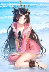 Rule 34 | 1girl, ankle ribbon, barefoot, beach, between legs, black hair, black ribbon, blush, breasts, cleavage, closed mouth, collarbone, commentary request, day, drawstring, earrings, fate/grand order, fate (series), frilled thighhighs, frills, full body, fur collar, hair between eyes, hair ribbon, hakuishi aoi, head tilt, highres, hood, hood down, hoodie, hoop earrings, ishtar (fate), jewelry, leg ribbon, long hair, looking at viewer, no pants, ocean, outdoors, parted bangs, pink eyes, pink hoodie, pink thighhighs, pocket, reflection, ribbon, single thighhigh, sitting, small breasts, smile, solo, sparkle, thighhighs, tiara, toeless legwear, toenails, two side up, very long hair, yokozuwari