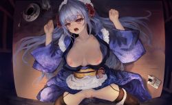Rule 34 | 1girl, absurdres, aftersex, alber, blood, blue hair, breasts, censored, clenched hand, clothes lift, crying, cum, cum in pussy, defloration, flower, hair ornament, highres, huge filesize, japanese clothes, kimono, kimono lift, koi ga saku koro sakura doki, large breasts, long hair, lying, maid, nipples, on back, open clothes, open kimono, open mouth, pain, panties around leg, pov, pussy, rape, red eyes, solo, spread legs, table, tears, thighhighs, tsukishima yuuri