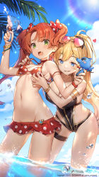 Rule 34 | 2girls, armlet, armpits, bare shoulders, bikini, bikini skirt, black one-piece swimsuit, blonde hair, blue eyes, bow, bracelet, breasts, choker, cleavage, cloud, day, dual wielding, eyewear on head, fang, girl cafe gun, green eyes, groin, hair bow, highres, holding, jewelry, juno emmons, large breasts, long hair, looking at viewer, micro bikini, multiple girls, nail polish, navel, official art, one-piece swimsuit, open mouth, orange hair, outdoors, palm leaf, parted lips, ponytail, red bikini, rococo (girl cafe gun), side ponytail, small breasts, smile, stomach, sun, sunglasses, sunlight, swimsuit, thigh strap, untied bikini, very long hair, wading, water, water gun, watermark, wet, whoisshe