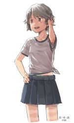 Rule 34 | 1girl, blue skirt, brown eyes, brown hair, cowboy shot, dated, hand on own hip, kantai collection, kawashina (momen silicon), looking to the side, miyuki (kancolle), open mouth, pleated skirt, shirt, short hair, simple background, skirt, solo, tied shirt, white background, white shirt