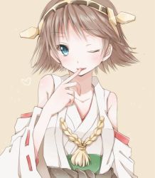 Rule 34 | 10s, 1girl, bad id, bad pixiv id, blue eyes, blush, brown hair, detached sleeves, finger to mouth, hiei (kancolle), hiro (hirohiro31), kantai collection, one eye closed, short hair, simple background, smile, solo, wink