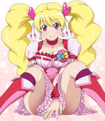 Rule 34 | 00s, 1girl, blonde hair, boots, choker, covering privates, cure peach, earrings, fresh precure!, frills, hair ornament, heart, heart hair ornament, jewelry, jouwan, knee boots, long hair, magical girl, momozono love, pink eyes, pink footwear, precure, purple eyes, sitting, solo, twintails