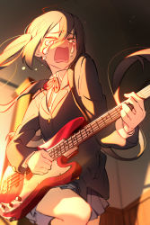 Rule 34 | &gt; &lt;, 1girl, ahoge, bass guitar, black hair, black jacket, blue skirt, classroom, commentary, crying, english commentary, fang, foreshortening, from below, highres, holding, holding instrument, honla, indoors, instrument, jacket, k-on!, long hair, music, nakano azusa, neck ribbon, open mouth, playing instrument, pleated skirt, red ribbon, ribbon, sakuragaoka high school uniform, school uniform, sidelocks, skin fang, skirt, solo, sunlight, twintails, very long hair, wing collar