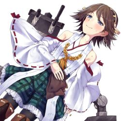 Rule 34 | 10s, bad id, bad pixiv id, bare shoulders, blue eyes, blush, boots, brown hair, cowboy shot, detached sleeves, frilled skirt, frills, hairband, hand on own stomach, hiei (kancolle), japanese clothes, kantai collection, nontraditional miko, pantyhose, personification, plaid, plaid skirt, ribbon-trimmed sleeves, ribbon trim, short hair, skirt, smile, solo, thigh boots, thighhighs, touya (konpekitou), white background
