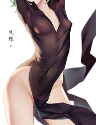 Rule 34 | 1girl, arms up, black dress, breasts, censored, cleft of venus, collarbone, contrapposto, cowboy shot, da mao banlangen, dress, gluteal fold, green hair, head out of frame, highres, mosaic censoring, nipples, one-punch man, pussy, pussy juice, see-through, short hair, simple background, small breasts, solo, tatsumaki, white background