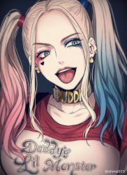 Rule 34 | 1girl, blonde hair, blue background, blue eyes, blurry, breasts, clothes writing, collar, commentary request, dc comics, depth of field, ear piercing, earrings, english text, eyeshadow, facial mark, gradient hair, harley quinn, heart, jewelry, lipstick, long hair, looking to the side, makeup, mashima shima, multicolored hair, open mouth, piercing, red lips, shirt, simple background, solo, suicide squad, teeth, tongue, twintails, twitter username, upper body, upper teeth only