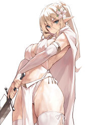 Rule 34 | 1girl, armlet, blonde hair, blue eyes, blush, breasts, bridal gauntlets, cape, detached sleeves, elf, flower, hair flower, hair ornament, halterneck, highres, kekemotsu, large breasts, long hair, looking at viewer, original, pelvic curtain, pointy ears, ponytail, solo, sword, thighhighs, thighs, weapon, white cape, white thighhighs