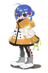 Rule 34 | 1girl, ahoge, black eyes, blue hair, boots, drawstring, frog, frog hair ornament, full body, hair between eyes, hair ornament, kero-chan (lunch), long sleeves, looking at viewer, lunch (lunchicken), open mouth, original, red pupils, shadow, simple background, smile, solo, standing, white background, white footwear