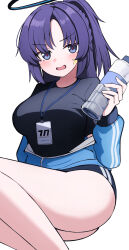 Rule 34 | 1girl, ass, black buruma, black shirt, blue archive, blue jacket, blush, bottle, breasts, buruma, facial mark, feet out of frame, halo, highres, holding, holding bottle, id card, jacket, large breasts, long hair, long sleeves, looking at viewer, mechanical halo, name tag, official alternate costume, open mouth, ponytail, purple eyes, purple hair, shirt, simple background, solo, star (symbol), white background, yun (kbdenz9), yuuka (blue archive), yuuka (track) (blue archive)
