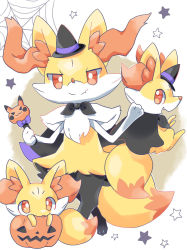 Rule 34 | animal, animal ear fluff, animal focus, black bow, black bowtie, bow, bowtie, braixen, cape, closed mouth, commentary, creatures (company), fang, fennekin, game freak, gen 1 pokemon, gen 6 pokemon, halloween, hat, highres, holding, kana (maple926), looking at viewer, looking back, nintendo, no humans, open mouth, pikachu, pokemon, pokemon (creature), pumpkin, red eyes, silk, simple background, skin fang, spider web, standing, star (symbol), witch hat