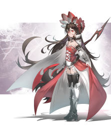 Rule 34 | 1girl, absurdres, armored boots, axe, battle axe, belt, belt buckle, black hair, bonnet, boots, buckle, cape, chain, chinese commentary, choker, commentary request, dress, elbow gloves, flat chest, full body, gloves, hair between eyes, highres, holding, holding weapon, ilya (princess connect!), ilya (small) (princess connect!), leotard, long dress, long hair, mooofoo, princess connect!, red dress, red eyes, shadow, sleeveless, sleeveless dress, solo, standing, thighhighs, vambraces, very long hair, weapon, white leotard