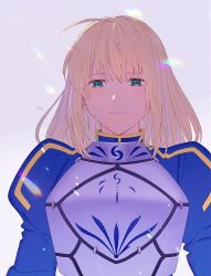 Rule 34 | 1girl, ahoge, armor, artoria pendragon (all), artoria pendragon (fate), blonde hair, blue shirt, breastplate, closed mouth, eyelashes, fate/stay night, fate (series), green eyes, grey background, hal (haaaalhal), juliet sleeves, long sleeves, looking ahead, medium hair, puffy sleeves, saber (fate), shirt, signature, simple background, solo, straight-on, upper body