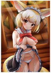 Rule 34 | 1girl, animal ears, blonde hair, blush, bow, bowtie, breasts, brown eyes, clothes lift, convenient ribbon, detached collar, fennec (kemono friends), fox ears, fox girl, fox tail, garter belt, highres, kemono friends, large breasts, maid, maid headdress, morimasakazu, navel, panties, skirt, skirt lift, solo, tail, thighhighs, underwear, white panties