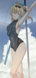 Rule 34 | 1girl, :p, arm behind head, armpits, arms up, bare arms, bare legs, bare shoulders, beach umbrella, black hairband, blonde hair, blue eyes, blue sky, breasts, cloud, commentary request, contrail, covered navel, hair between eyes, hairband, highres, hololive, kazama iroha, looking at viewer, medium hair, one-piece swimsuit, ponytail, sheath, sky, small breasts, solo, swimsuit, sword, thighs, tongue, tongue out, umbrella, virtual youtuber, weapon, yanagino (yanagino3)