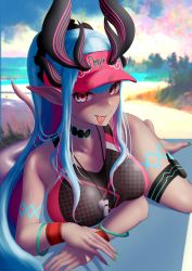 Rule 34 | 1girl, absurdres, bare shoulders, black one-piece swimsuit, blue hair, blush, body markings, breasts, choker, collarbone, colored skin, fate/grand order, fate (series), furo (lotech), grey skin, hat, highres, horns, ibuki douji (fate), ibuki douji (swimsuit berserker) (fate), ibuki douji (swimsuit berserker) (first ascension) (fate), large breasts, long hair, looking at viewer, multicolored hair, one-piece swimsuit, oni, oni horns, pink hair, pink hat, pink one-piece swimsuit, pointy ears, ponytail, red eyes, sidelocks, smile, solo, swimsuit, tail, thigh strap, thighs, tongue, tongue out, two-tone swimsuit, visor cap, wristband