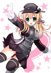 Rule 34 | 10s, 1girl, :d, absurdres, anchor hair ornament, blonde hair, bow, dutch angle, gloves, green eyes, hair bow, hair ornament, hair ribbon, hat, highres, kantai collection, long hair, looking at viewer, md5 mismatch, open mouth, peaked cap, pointing, prinz eugen (kancolle), resolution mismatch, ribbon, smile, solo, source smaller, standing, standing on one leg, twintails, white gloves, yuutsuki hina