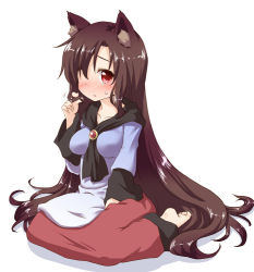 Rule 34 | 1girl, animal ears, barefoot, blush, brown hair, full body, hair over one eye, imaizumi kagerou, long hair, looking at viewer, natsu no koucha, red eyes, simple background, sitting, solo, touhou, very long hair, wariza, white background, wolf ears
