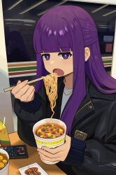 1girl 7-eleven alternate_costume black_jacket blunt_bangs carton cellphone chopsticks commentary contemporary cup_ramen eating fatzhai fern_(sousou_no_frieren) food gun highres holding holding_chopsticks holding_gun holding_weapon jacket leather leather_jacket long_hair looking_at_viewer nissin_raoh open_mouth phone purple_eyes purple_hair sausage sidelocks solo sousou_no_frieren very_long_hair weapon