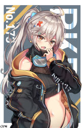 Rule 34 | 1girl, adjusting mask, ahoge, blush, breasts, brown eyes, cenangam, coat, cowboy shot, cropped sweater, girls&#039; frontline, hair between eyes, hair ornament, head tilt, jacket, long hair, looking at viewer, mask, mouth mask, navel, off shoulder, open clothes, open coat, open mouth, pkp (girls&#039; frontline), shorts, side ponytail, sidelocks, signature, silver hair, skindentation, small breasts, solo, stomach, sweater, sweater vest, tsurime, turtleneck, turtleneck sweater, very long hair, wavy hair, yellow eyes