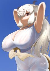 Rule 34 | 1girl, absurdres, animal ears, armpits, arms behind head, arms up, blue background, breasts, brown eyes, commentary, dress, extra ears, hair over one eye, hairband, highres, horns, huge breasts, kemono friends, long hair, looking at viewer, masuyama ryou, one eye covered, ox ears, ox girl, ox horns, ox tail, see-through, see-through dress, sidelocks, simple background, solo, sweat, tail, wet, wet clothes, wet dress, white dress, white hairband, yak (kemono friends)