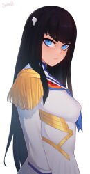 Rule 34 | 1girl, :/, artist name, black hair, blue eyes, breasts, closed mouth, darahan, from side, junketsu, kill la kill, kiryuuin satsuki, large breasts, long hair, long sleeves, looking at viewer, simple background, solo, upper body, white background