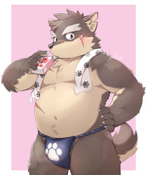 Rule 34 | 1boy, animal ears, bara, beige fur, belly, black eyes, blush, body fur, brown fur, brown hair, commentary, dog boy, dog ears, dog tail, fat, fat man, fundoshi, fundoshi day, furry, furry male, highres, japanese clothes, kinoshita jiroh, male focus, moritaka (housamo), muscular, muscular male, outside border, paw print, pectorals, pink background, scar, scar on arm, scar on face, scar on nose, scar on stomach, short hair, solo, strawberry milk, tail, thick eyebrows, tokyo houkago summoners, topless male, towel, towel around neck, two-tone fur