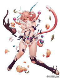 Rule 34 | &gt; &lt;, 1girl, black thighhighs, blush, braid, breasts, chloris garden, cleavage, closed eyes, covered erect nipples, food, fruit, full body, gluteal fold, headdress, large breasts, mana (remana), monkey, navel, open mouth, original, peach, pink hair, seiten (chloris garden), simple background, tail, teeth, thighhighs, torn clothes, torn legwear, twin braids, white background, yellow eyes