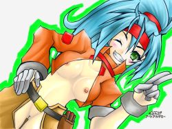 Rule 34 | 1girl, ashe (mega man), blue hair, blush, breasts, cowboy shot, cropped jacket, dojyo5963, dutch angle, gloves, green eyes, hair between eyes, hand on own hip, headband, high ponytail, long hair, looking at viewer, medium breasts, nipples, one eye closed, ponytail, pussy, mega man (series), mega man zx, mega man zx advent, salute, signature, simple background, smile, solo, teeth, third-party edit, two-finger salute, uncensored