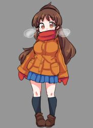Rule 34 | 1girl, arms at sides, black socks, blue skirt, breasts, breath, brown eyes, brown footwear, brown hair, brown jacket, buttons, covered mouth, full body, gloves, grey background, jacket, light blush, long hair, looking at viewer, medium breasts, miniskirt, pleated skirt, pocket, ponytail, red gloves, red scarf, rori (4chan), scarf, scarf over mouth, shoes, simple background, sketch, skirt, socks, solo, standing, straight-on, taneshima popura, wide ponytail, winter gloves, working!!