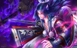 Rule 34 | 1boy, bandages, bandaged arm, bandages, black hair, blood, closed mouth, collarbone, dark background, eyes visible through hair, glowing, glowing eye, highres, holding, holding sword, holding weapon, japanese clothes, long hair, long sleeves, looking to the side, male focus, onikiri (onmyoji), onmyoji, pom pom (clothes), solo, sword, user exvv8824, weapon