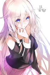 Rule 34 | 1girl, black shirt, blue eyes, braid, character name, clothing cutout, hair between eyes, highres, ia (vocaloid), long hair, long sleeves, off-shoulder shirt, off shoulder, parted lips, pink skirt, pleated skirt, shirt, shoulder cutout, silver hair, simple background, sketch, skirt, solo, standing, twin braids, very long hair, vocaloid, white background, yuuki kira