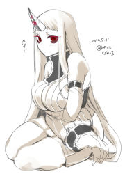 Rule 34 | 10s, 1girl, abyssal ship, bad id, bad pixiv id, breasts, claws, dated, detached sleeves, dress, haruno (kanimeshi), horns, kantai collection, large breasts, long hair, red eyes, ribbed dress, seaport princess, short dress, silver hair, single horn, solo, thick thighs, thighs, twitter username, very long hair