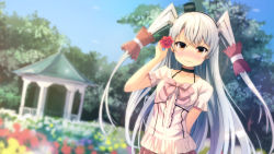 Rule 34 | 10s, 1girl, :|, alternate costume, amatsukaze (kancolle), arm behind back, black hat, blouse, blurry, blush, bow, brown eyes, casual, choker, closed mouth, collarbone, day, depth of field, dress, dutch angle, flower, garden, hair flower, hair ornament, hair tubes, hat, highres, kantai collection, long hair, looking at viewer, nervous, nose blush, outdoors, red flower, red rose, rose, shirt, short sleeves, silver hair, sky, solo, sunlight, sunsuke, thighhighs, two side up, very long hair, white shirt