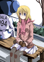 Rule 34 | 10s, 1boy, 1girl, bench, blonde hair, charlotte dunois, chunichi dragons, clothes writing, crossover, doala, infinite stratos, long hair, mister (black and white), mittens, nippon professional baseball, pantyhose, park bench, purple eyes, scarf, winter clothes