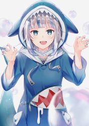 Rule 34 | 1girl, absurdres, animal hood, bad id, bad pixiv id, blue eyes, blue hair, blue hoodie, blue nails, blunt bangs, blush, bubble, cbi cbi, commentary request, fingernails, fins, fish tail, gawr gura, gawr gura (1st costume), hands up, highres, hololive, hololive english, hood, hoodie, long sleeves, looking at viewer, multicolored hair, nail polish, open mouth, shark hood, shark tail, sharp teeth, smile, solo, tail, teeth, two-tone hair, upper teeth only, virtual youtuber, white background, white hair