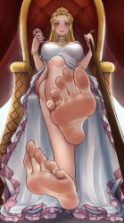 Rule 34 | 1girl, absurdres, alcohol, barefoot, blonde hair, blue eyes, blush, celestine lucullus, crossed legs, cup, drinking glass, feet, foot focus, highres, jewelry, leash, long hair, looking at viewer, nikishiko, parted lips, sitting, soles, throne, tiara, toe ring, toes, wine, wine glass