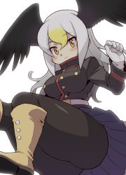 Rule 34 | 10s, 1girl, ass, bald eagle (kemono friends), belt, black pantyhose, black wings, blazer, blonde hair, blue skirt, blush, boots, breast pocket, breasts, buttons, clenched hand, commentary request, eyebrows, feathered wings, feathers, from below, gloves, gradient hair, hair between eyes, hand up, head wings, highres, jacket, kemono friends, knee boots, landing, large breasts, long sleeves, looking at viewer, looking down, multicolored hair, nama014, pantyhose, pleated skirt, pocket, shoe soles, simple background, skirt, smile, solo, thick thighs, thighs, tsurime, two-tone hair, white background, white gloves, white hair, wings, yellow eyes, yellow footwear