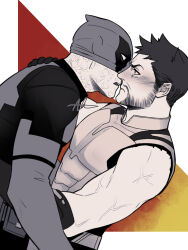 2boys beard belt blush bodysuit brown_hair deadpool deadpool_&amp;_wolverine deadpool_(series) facial_hair full-face_blush gloves highres imminent_kiss looking_at_another male_focus marvel marvel_cinematic_universe mask mask_lift mature_male monochrome multiple_boys muscular muscular_male open_mouth pectorals scar scars_all_over sherlock7akane short_hair signature superhero_costume too_many utility_belt veins veiny_arms wolverine_(x-men) x-men yaoi