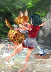 Rule 34 | 10s, 3girls, ^ ^, animal ears, barefoot, black hair, blush, closed eyes, day, closed eyes, facing another, highres, kaban (kemono friends), kemono friends, looking at another, lucky beast (kemono friends), multiple girls, open mouth, orange hair, outdoors, red shirt, serval (kemono friends), serval tail, shirt, short hair, short sleeves, smile, tadano magu, tail, v-shaped eyebrows