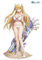 Rule 34 | 1girl, bare legs, bare shoulders, bead bracelet, bead necklace, beads, bikini, blonde hair, blue eyes, bow, bracelet, breasts, cleavage, collarbone, fishing fantasy, full body, hair bow, hand up, highres, huge weapon, jaeyun, jewelry, large breasts, long hair, looking at viewer, navel, necklace, official art, shoes, simple background, smile, solo, standing, stomach, strapless, strapless bikini, swimsuit, thighs, two side up, very long hair, weapon, white background, white bikini, white footwear