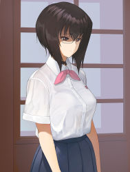 Rule 34 | 1girl, a1 (initial-g), black hair, blouse, blue skirt, bob cut, bra visible through clothes, breasts, brown eyes, closed mouth, collared shirt, commentary request, girls und panzer, kawashima momo, large breasts, monocle, pink neckwear, pink ribbon, pleated skirt, ribbon, shirt, short hair, short sleeves, skirt, solo, white shirt