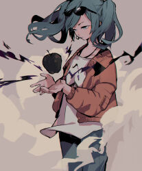 Rule 34 | 1girl, absurdres, alternate costume, apple, blue eyes, blue hair, blue pants, brown background, closed mouth, collarbone, commentary request, cowboy shot, darkness, denim, dust cloud, expressionless, eyewear on head, floating hair, food, from side, fruit, half-closed eyes, hatsune miku, highres, jacket, jeans, jewelry, long hair, looking at object, mikai26, necklace, object floating above hand, open clothes, open jacket, pants, print shirt, red jacket, shirt, simple background, solo, standing, suna no wakusei (vocaloid), sunglasses, twintails, vocaloid, white shirt