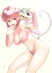 Rule 34 | 1990s (style), 1girl, breasts, cleavage, demon girl, demon tail, covered erect nipples, fangs, hand on own chest, horns, mocchi (monster farm), monster farm, navel, open mouth, pink eyes, pink hair, pixie (monster farm), short hair, smile, tail, tkln