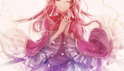 Rule 34 | 1girl, axis powers hetalia, branch, brown hair, china dress, chinese clothes, dress, closed eyes, frilled sleeves, frills, interlocked fingers, long hair, long sleeves, own hands clasped, own hands together, pink background, red dress, smile, solo, taiwan (hetalia), yao guanzi